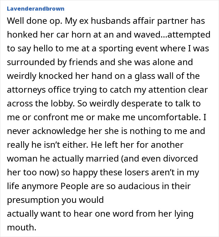 Alt text: Text post describing a woman’s experience with her ex and his affair partner at a sporting event, highlighting humiliation. Alt text: Text post describing a woman’s experience with her ex and his affair partner at a sporting event, highlighting humiliation.