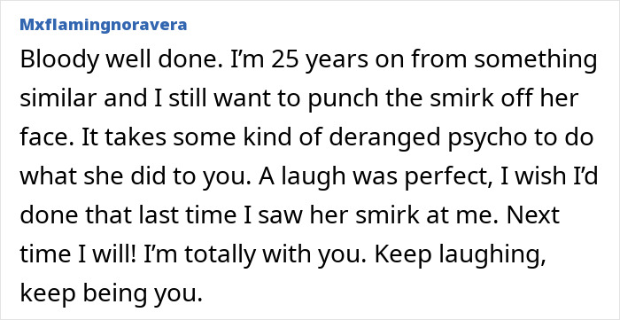 Comment expressing support for a pregnant woman crushed and humiliated by bestie and ex, encouraging her to keep laughing. Comment expressing support for a pregnant woman crushed and humiliated by bestie and ex, encouraging her to keep laughing.
