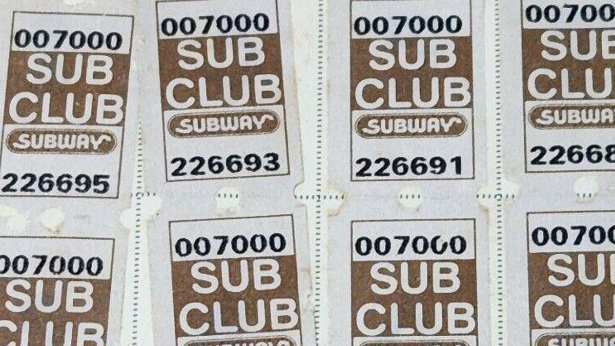 Subway sub club cards with numbers aligned as a loophole people accidentally discovered and used for free subs.