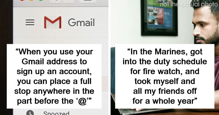 Split image showing a Gmail tip for email loopholes and a man discussing exploiting a duty schedule loophole.