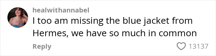 Comment from social media user healwithannabel mentioning missing a blue jacket from Hermès, related to billionaire influencer backlash. Comment from social media user healwithannabel mentioning missing a blue jacket from Hermès, related to billionaire influencer backlash.