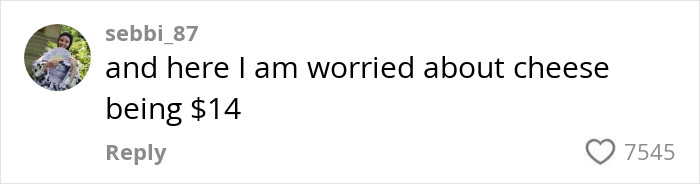 Comment on social media expressing concern about $14 cheese amid a billionaire influencer's Hermès shopping haul backlash. Comment on social media expressing concern about $14 cheese amid a billionaire influencer's Hermès shopping haul backlash.