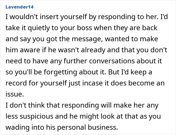 Alt text: Forum user advising caution over boss-wife claim and suggesting keeping records about an innocent worker's situation. Alt text: Forum user advising caution over boss-wife claim and suggesting keeping records about an innocent worker's situation.