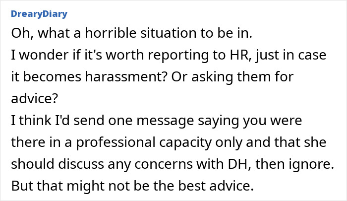 Commenter DrearyDiary discussing a boss-wife claim affair involving an innocent worker and workplace harassment concerns. Commenter DrearyDiary discussing a boss-wife claim affair involving an innocent worker and workplace harassment concerns.