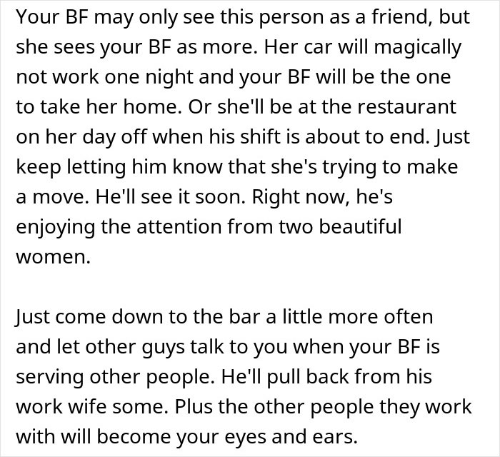 Text explaining how a girlfriend is upset about her boyfriend's work wife sending hearts and mirror selfies at work. Text explaining how a girlfriend is upset about her boyfriend's work wife sending hearts and mirror selfies at work.