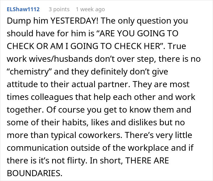Comment discussing boundaries between work spouses, emphasizing no chemistry or attitude toward actual partners. Comment discussing boundaries between work spouses, emphasizing no chemistry or attitude toward actual partners.