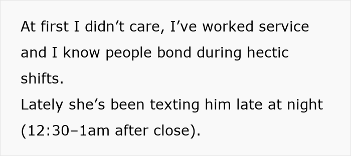 Text excerpt about a man confused over his girlfriend upset about his work wife texting hearts and mirror selfies late at night. Text excerpt about a man confused over his girlfriend upset about his work wife texting hearts and mirror selfies late at night.