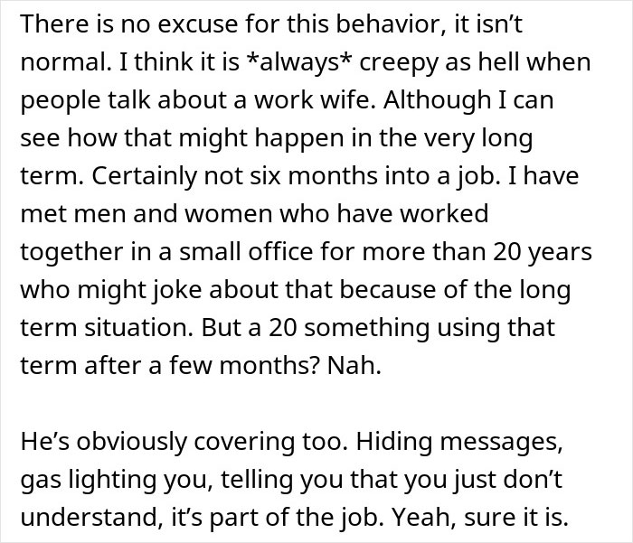 Alt text: Text discussing why a man’s work wife sending hearts and mirror selfies is seen as creepy and unacceptable behavior. Alt text: Text discussing why a man’s work wife sending hearts and mirror selfies is seen as creepy and unacceptable behavior.