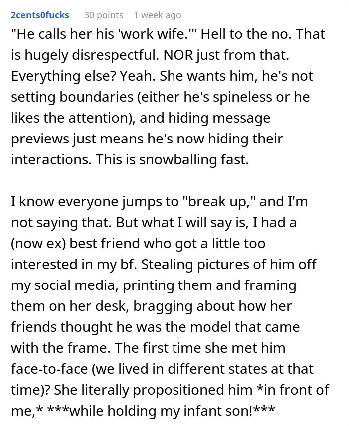 Text comment discussing why a man’s girlfriend is upset about his work wife sending hearts and mirror selfies. Text comment discussing why a man’s girlfriend is upset about his work wife sending hearts and mirror selfies.