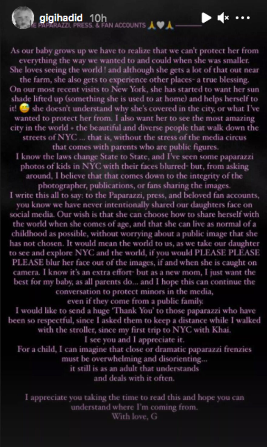 A heartfelt message from Gigi Hadid about protecting her child\'s privacy amid media, linking to Gigi Hadid and Bradley Cooper partnership.