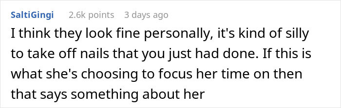 Screenshot of an online comment discussing a bridesmaid doing her nails before a wedding, causing the bride to flip out.