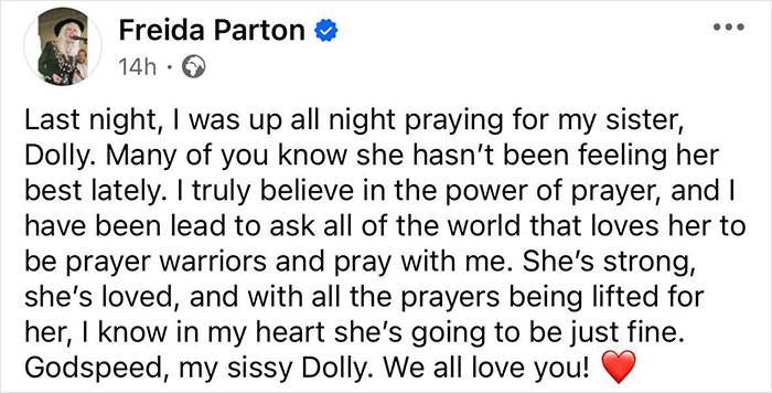 Freida Parton asking for prayers for Dolly amid health struggles, highlighting concern from Dolly Parton's sister. Freida Parton asking for prayers for Dolly amid health struggles, highlighting concern from Dolly Parton's sister.
