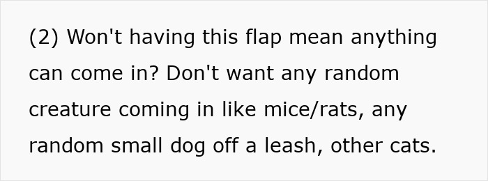Text discussing concerns about installing a cat flap to prevent entry of mice, rats, small dogs, or other cats.
