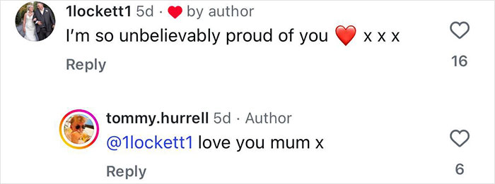 Screenshot of Instagram comments showing a conversation between a user and author about pride and love after leg amputation decision. Screenshot of Instagram comments showing a conversation between a user and author about pride and love after leg amputation decision.