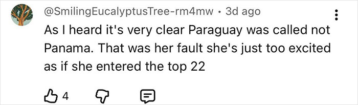 Screenshot of a social media comment discussing Miss Panama’s painfully awkward onstage fail during a pageant event. Screenshot of a social media comment discussing Miss Panama’s painfully awkward onstage fail during a pageant event.