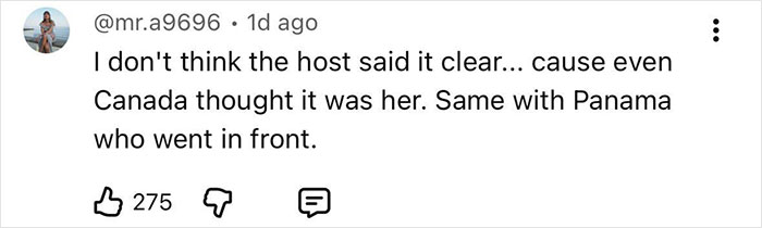 Comment highlighting confusion during Miss Panama's painfully awkward onstage fail that left viewers mortified. Comment highlighting confusion during Miss Panama's painfully awkward onstage fail that left viewers mortified.