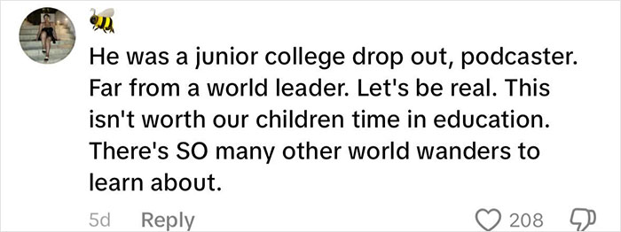 Comment criticizing Life of Charlie Kirk homework assignment, calling it unsuitable for children's education. Comment criticizing Life of Charlie Kirk homework assignment, calling it unsuitable for children's education.