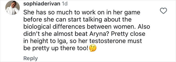 Screenshot of a social media comment discussing testosterone in tennis, highlighting rivalry and competitive remarks online. Screenshot of a social media comment discussing testosterone in tennis, highlighting rivalry and competitive remarks online.