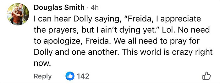 Comment discussing Dolly Parton's sister asking for prayers amid the singer's health struggles and public concern. Comment discussing Dolly Parton's sister asking for prayers amid the singer's health struggles and public concern.