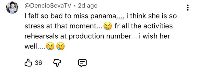 Tweet expressing sympathy for Miss Panama’s painful and awkward onstage fail during a stressful moment in the competition. Tweet expressing sympathy for Miss Panama’s painful and awkward onstage fail during a stressful moment in the competition.