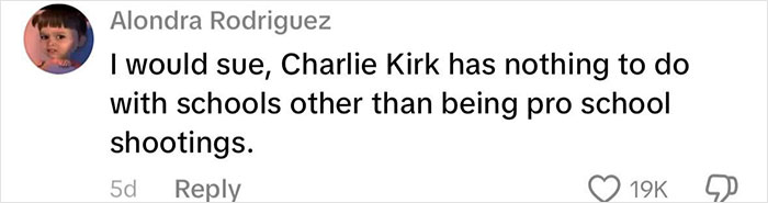 Comment by Alondra Rodriguez criticizing Charlie Kirk’s involvement in schools, sparking outrage over homework assignment. Comment by Alondra Rodriguez criticizing Charlie Kirk’s involvement in schools, sparking outrage over homework assignment.