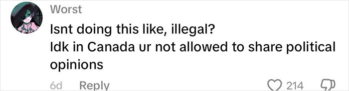 Screenshot of a social media comment questioning the legality of sharing political opinions in Canada, related to a homework assignment. Screenshot of a social media comment questioning the legality of sharing political opinions in Canada, related to a homework assignment.