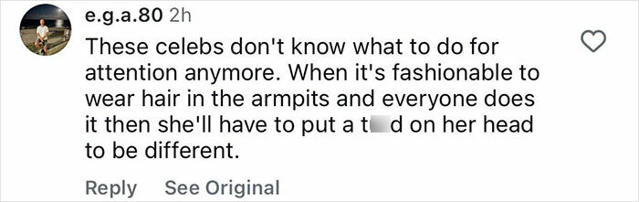 Comment on social media discussing celebrities wearing hair in armpits, related to pop star dyeing armpit hair at Paris Fashion Week. Comment on social media discussing celebrities wearing hair in armpits, related to pop star dyeing armpit hair at Paris Fashion Week.