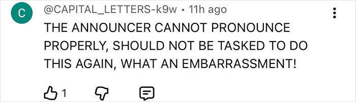 Screenshot of a social media comment criticizing an announcer’s mispronunciation during Miss Panama’s onstage fail. Screenshot of a social media comment criticizing an announcer’s mispronunciation during Miss Panama’s onstage fail.