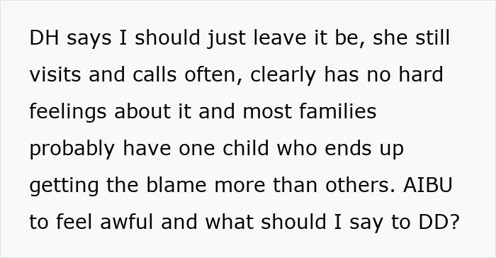 Text excerpt about a mom regretting using daughter as family scapegoat and questioning feelings years later. Text excerpt about a mom regretting using daughter as family scapegoat and questioning feelings years later.