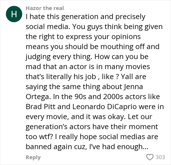 User comment criticizing social media backlash and defending actors like Margot Robbie in Wuthering Heights trailer controversy. User comment criticizing social media backlash and defending actors like Margot Robbie in Wuthering Heights trailer controversy.