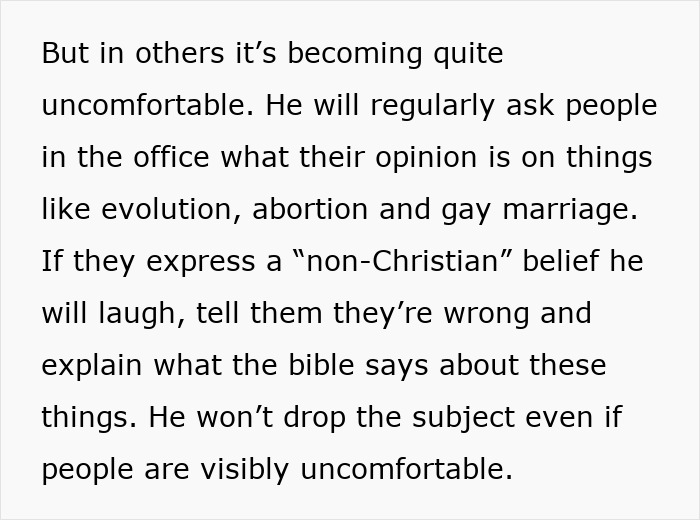 Office workers visibly uncomfortable as a religious man pushes his beliefs, making work life insufferable for coworkers. Office workers visibly uncomfortable as a religious man pushes his beliefs, making work life insufferable for coworkers.