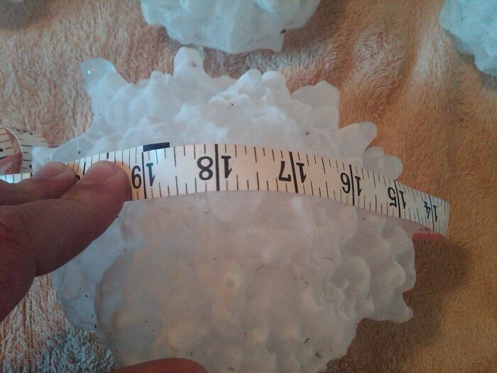 Hand measuring a massive hailstone with a tape measure, showcasing incredible weather records and powerful natural phenomena.