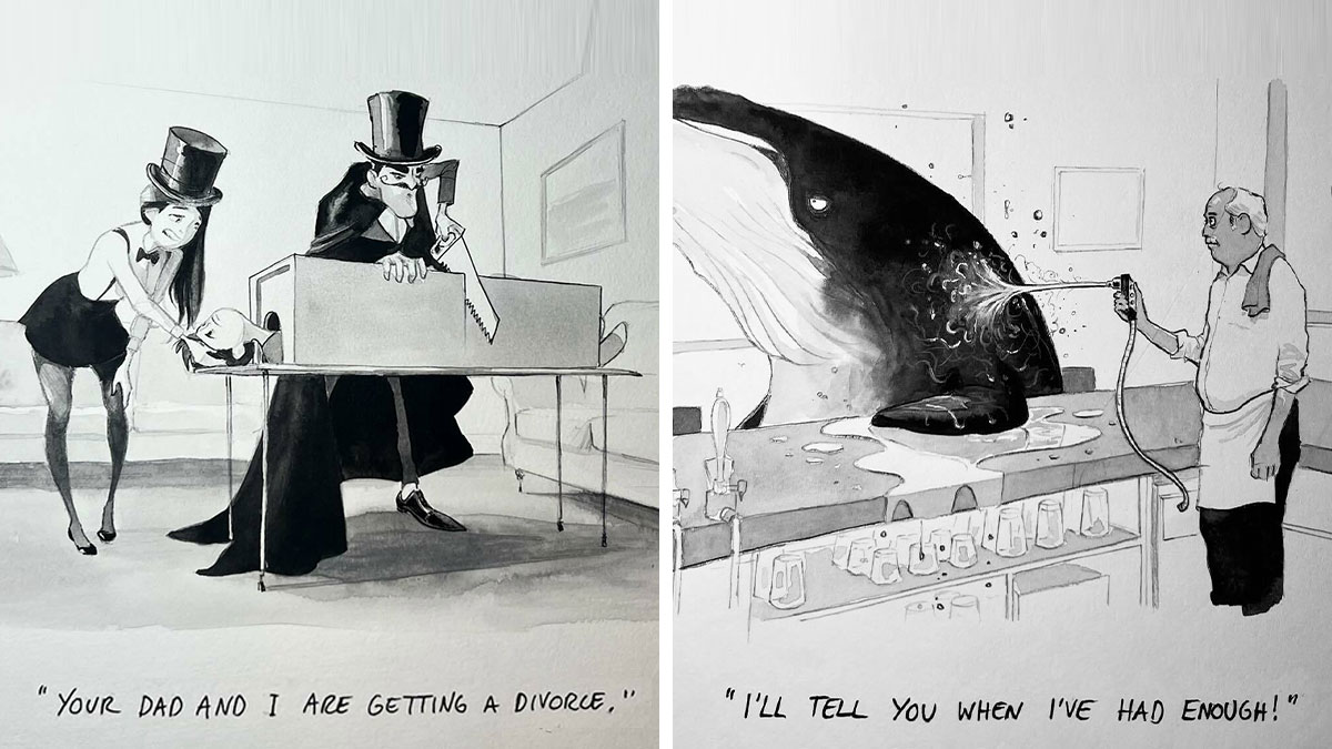 Two black and white comics with unexpected twists showing a divorce and a man spraying water on a whale in a bar.