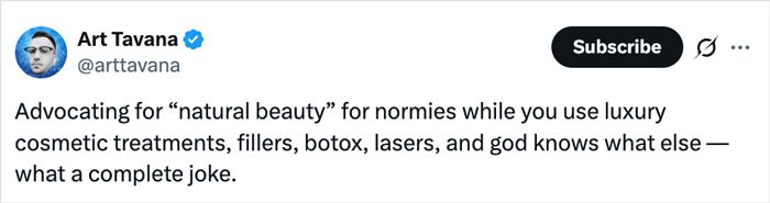 Tweet by Art Tavana criticizing the use of cosmetic treatments and fillers amid claims of natural beauty, referencing Selena Gomez malpractice. Tweet by Art Tavana criticizing the use of cosmetic treatments and fillers amid claims of natural beauty, referencing Selena Gomez malpractice.