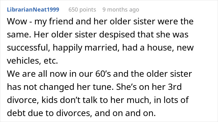 Screenshot of a forum comment describing conflict between sisters leading to no-contact after a Thanksgiving disaster. Screenshot of a forum comment describing conflict between sisters leading to no-contact after a Thanksgiving disaster.