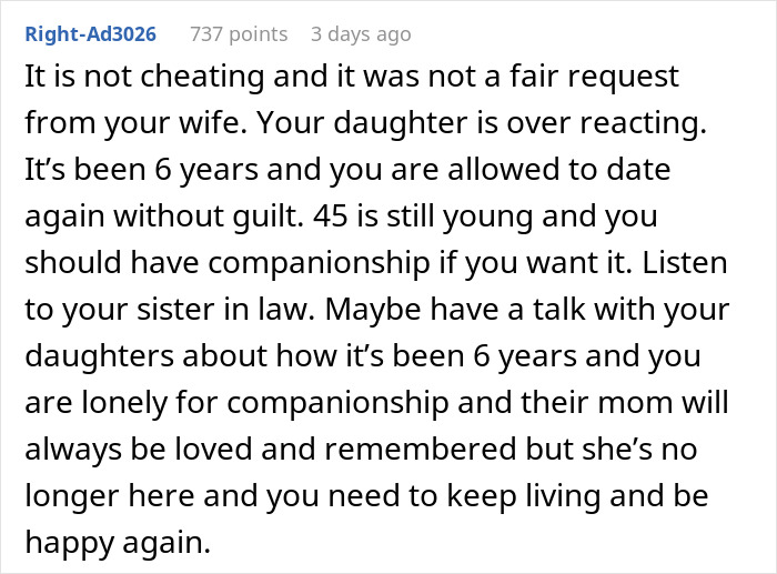 Alt text: Online comment discussing dating after a dying wife’s request and the daughter's reaction calling husband a cheater. Alt text: Online comment discussing dating after a dying wife’s request and the daughter's reaction calling husband a cheater.
