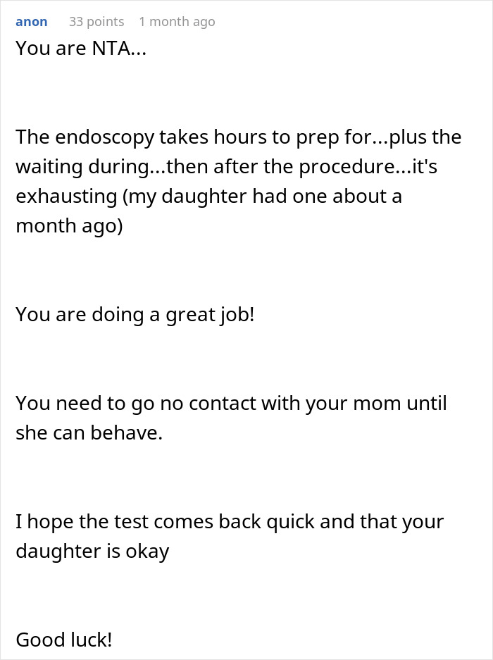 Comment advising no contact with mom after daughter accused of kidnapping for lack of updates during child’s procedure. Comment advising no contact with mom after daughter accused of kidnapping for lack of updates during child’s procedure.