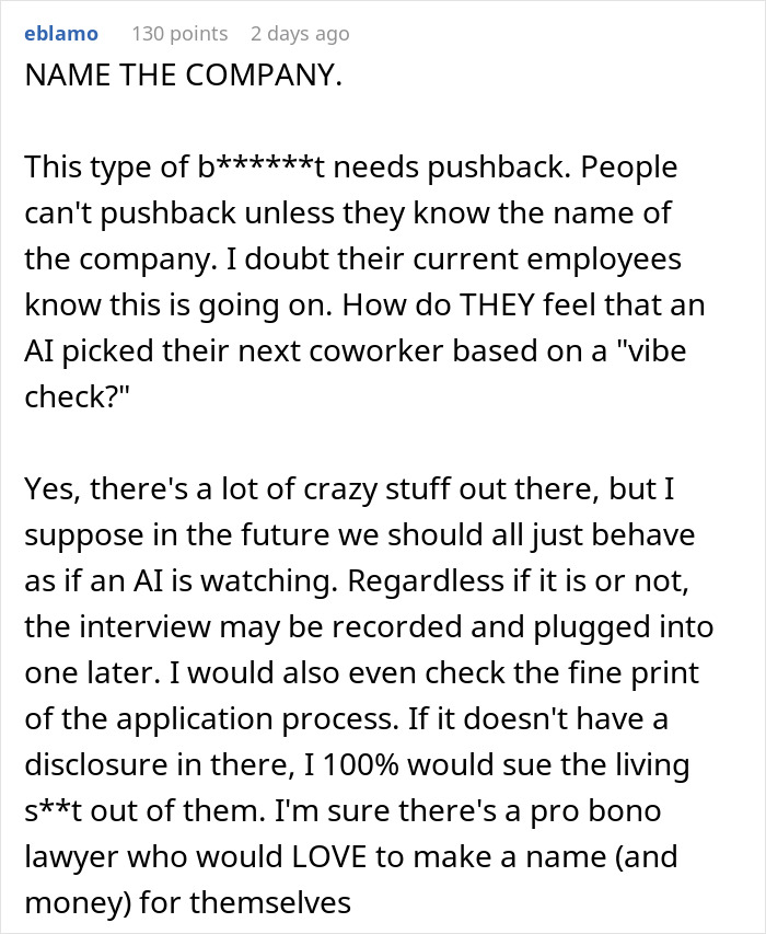 Reddit comment discussing concerns about AI-scored job interview real time and its impact on hiring fairness. Reddit comment discussing concerns about AI-scored job interview real time and its impact on hiring fairness.