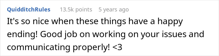 User comment praising happy ending and communication in relationship, relating to depressed is not an excuse for being lazy. User comment praising happy ending and communication in relationship, relating to depressed is not an excuse for being lazy.