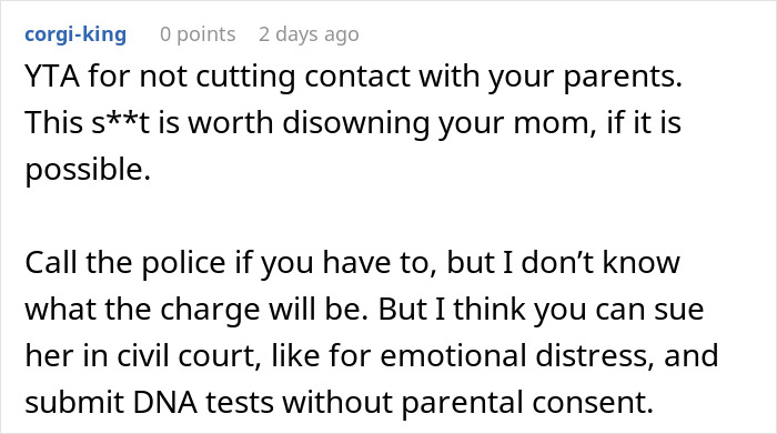 Comment discussing the consequences of a nosy mother using ancestry tests and causing emotional distress to family members.