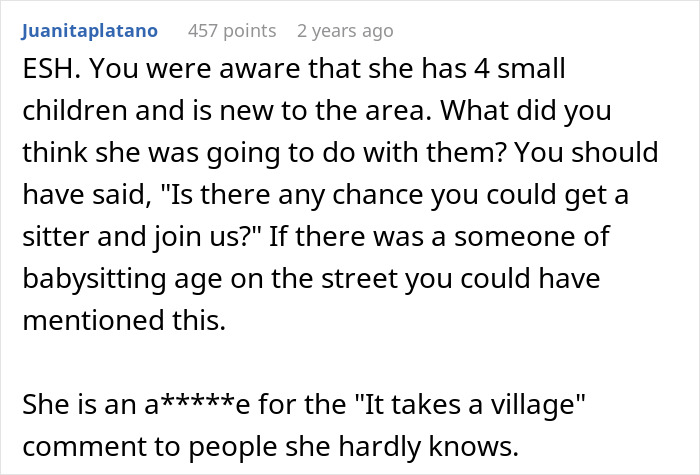 Screenshot of a comment discussing a mom of 4 kids affecting group activities and neighbor stopping invitations.