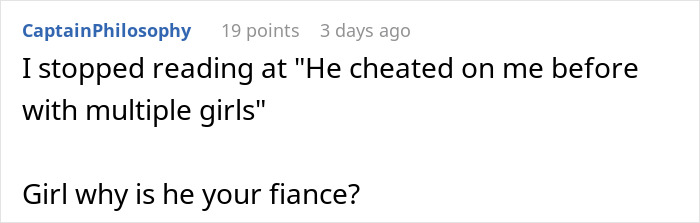 Screenshot of a Reddit comment questioning why a fiancée stays with a serial cheater caught with another woman’s hair.