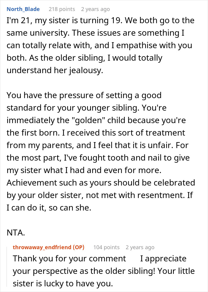 Reddit comment discussing golden child struggles after sister gets into dream college, sharing empathy and advice. Reddit comment discussing golden child struggles after sister gets into dream college, sharing empathy and advice.