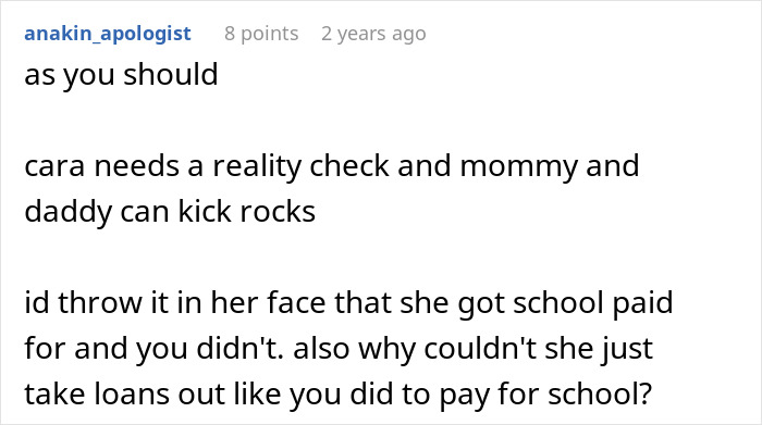 Comment discussing a golden child getting a reality check after seeing sister get into the college of her dreams. Comment discussing a golden child getting a reality check after seeing sister get into the college of her dreams.