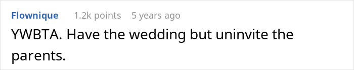 Screenshot of a forum comment discussing a couple's wedding sabotaged by parents days before the ceremony.
