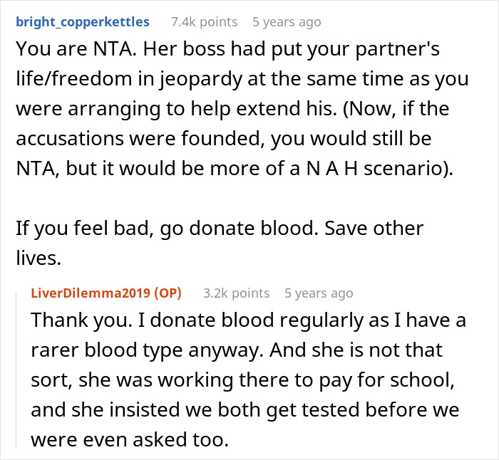 Reddit conversation discussing refusing to donate liver and related legal and ethical considerations in a personal dispute.