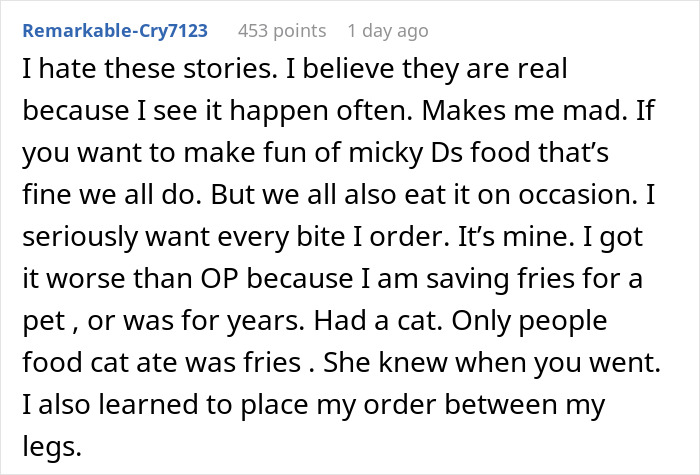Screenshot of a Reddit comment discussing frustration over eating fries and family drama involving secretly filming a spouse. Screenshot of a Reddit comment discussing frustration over eating fries and family drama involving secretly filming a spouse.
