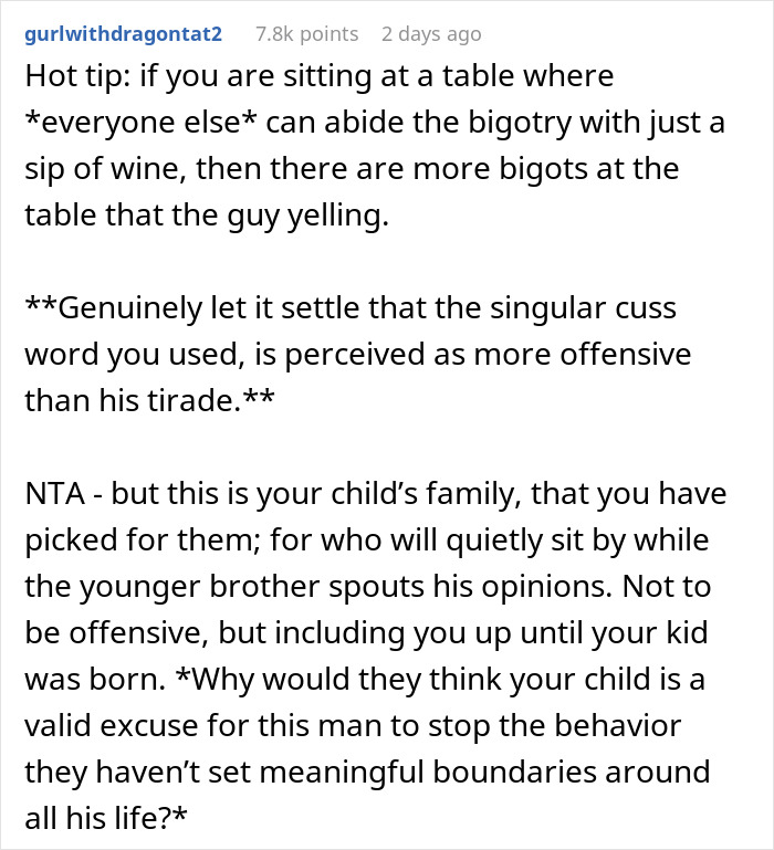 Comment discussing wife’s reaction to BIL’s racist slurs at dinner and MIL’s claim she ruined the evening. Comment discussing wife’s reaction to BIL’s racist slurs at dinner and MIL’s claim she ruined the evening.
