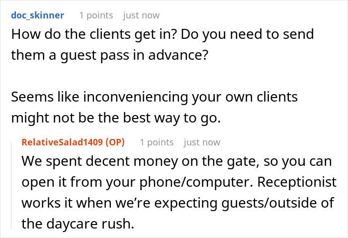 Screenshot of an online discussion about a greedy daycare manager and a guy’s car being towed causing parking lot chaos.