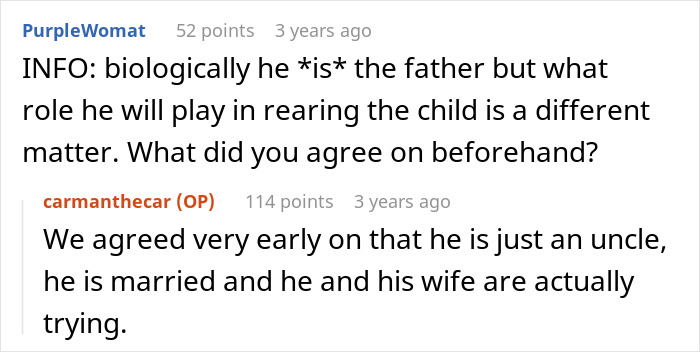 Reddit conversation discussing a guy helping sister-in-law conceive using IVF and fatherhood roles. Reddit conversation discussing a guy helping sister-in-law conceive using IVF and fatherhood roles.
